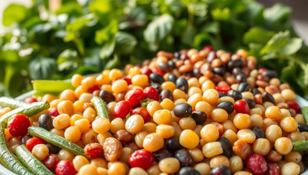 A vibrant, appetizing bean salad fills the frame, bursting with color and texture. In the foreground, an array of fresh legumes - crisp green beans, tender lima beans, and plump garbanzo beans - are artfully arranged. The middle ground features a vibrant medley of red kidney beans, black beans, and pinto beans, glistening with a light vinaigrette dressing. In the background, a backdrop of lush, verdant greens sets the scene, lending a sense of freshness and lightness. The lighting is natural and soft, casting a warm, golden glow and highlighting the salad's inviting, nourishing qualities. The overall composition is balanced and visually appealing, capturing the essence of a protein-packed, flavorful bean salad that would be a perfect addition to any seasonal salad.