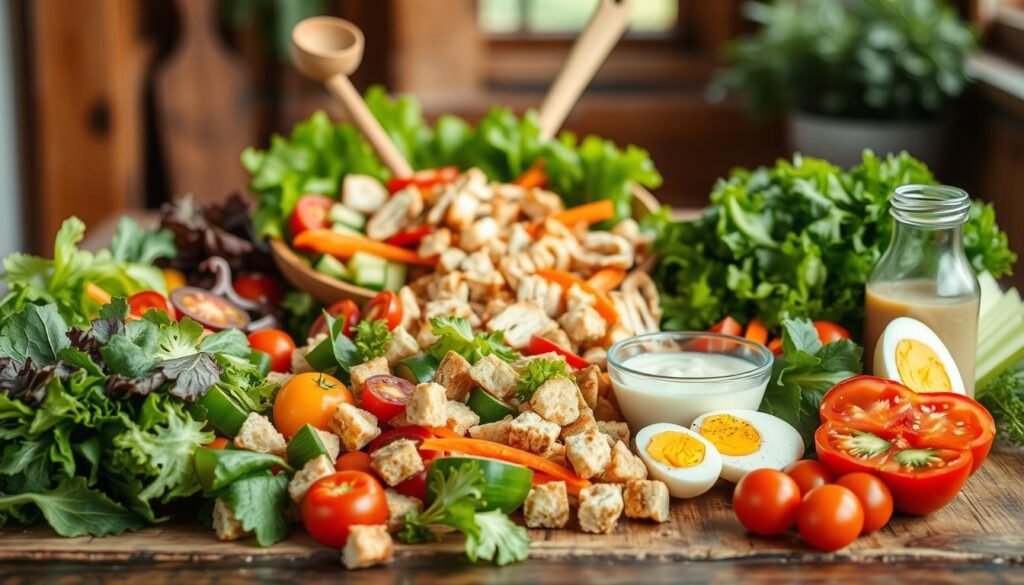 A vibrant, appetizing display of a variety of fresh, crisp salad ingredients arranged on a rustic wooden table. The foreground features an assortment of colorful vegetables such as leafy greens, tomatoes, cucumbers, carrots, and bell peppers, as well as croutons, protein-rich elements like grilled chicken or hard-boiled eggs, and a creamy, tantalizing dressing. The middle ground showcases a few simple salad-making tools like a wooden salad bowl, tongs, and a dressing bottle. The background maintains a warm, inviting ambiance with natural lighting, perhaps a window or rustic decor, creating an overall aesthetic of a delightful, easy-to-prepare homemade dinner salad.