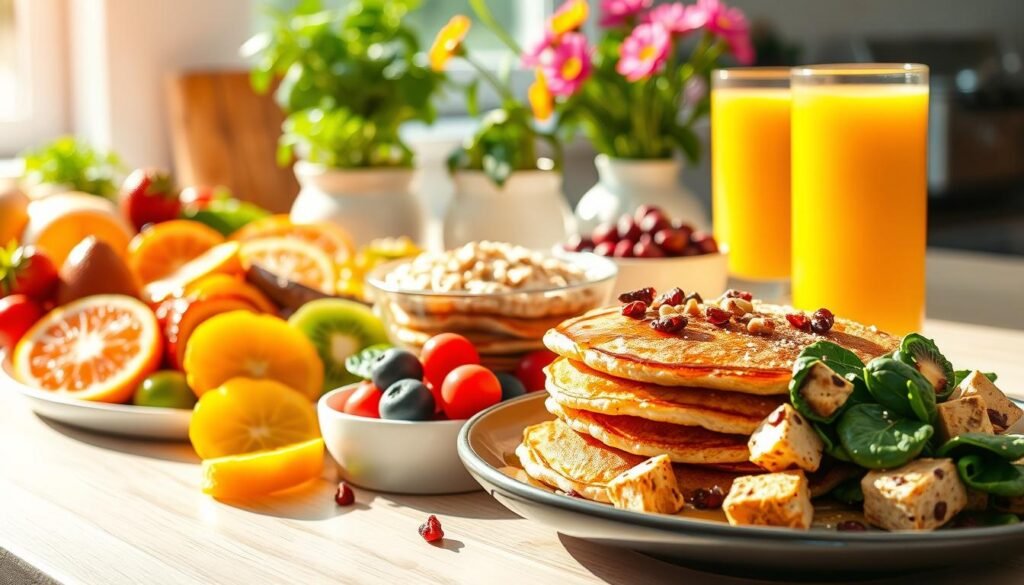 A vibrant, appetizing display of fresh, wholesome vegetarian breakfast options. In the foreground, a bountiful arrangement of colorful fruits such as sliced oranges, kiwi, and berries, along with a stack of fluffy, golden-brown pancakes drizzled with maple syrup. The middle ground features a variety of nutritious elements, including a bowl of creamy oatmeal topped with chopped nuts and dried cranberries, a plate of scrambled tofu with sautéed spinach, and a glass of freshly squeezed orange juice. In the background, a sun-dappled kitchen counter or table, with potted herbs and a vase of vibrant flowers adding a touch of natural elegance. The lighting is warm and inviting, captured with a wide-angle lens to showcase the harmonious arrangement of these wholesome, plant-based breakfast delights.