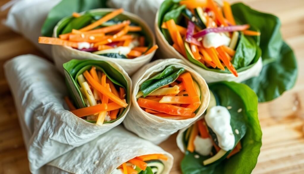 A vibrant, appetizing photograph of a set of freshly prepared veggie wraps. The wraps are tightly rolled, filled with an array of crisp, colorful vegetables such as shredded carrots, sliced bell peppers, baby spinach leaves, and julienned zucchini. The wraps are neatly arranged on a wooden cutting board, complemented by a light sprinkling of sesame seeds and a drizzle of a creamy, dairy-free dressing. The lighting is soft and natural, accentuating the textures and vibrant hues of the ingredients. The composition is well-balanced, capturing the wraps from a slightly elevated angle, showcasing their appeal and inviting the viewer to savor this wholesome, vegetarian lunch option.