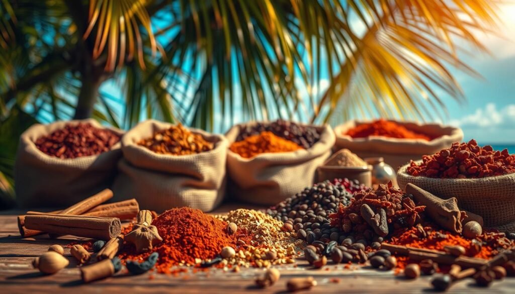 A vibrant arrangement of Caribbean spices, illuminated by warm, diffused lighting. In the foreground, a mix of whole and ground spices - allspice, cinnamon sticks, nutmeg, cloves, and peppercorns - elegantly scattered across a rustic wooden surface. The middle ground features overflowing burlap sacks brimming with exotic spice blends, their textures and colors creating a visually captivating tapestry. In the background, a lush, tropical backdrop of palm fronds and a cloudless, azure sky, evoking the lush, sun-drenched landscapes of the Caribbean. The overall mood is one of richness, depth, and a celebration of the flavorful diversity of Caribbean cuisine.