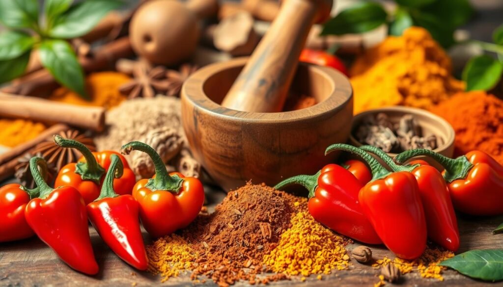 A vibrant arrangement of Caribbean vegan spice blends, featuring the fiery Scotch bonnet peppers. Warm, earthy tones dominate the foreground, with the peppers' vibrant red hues commanding attention. Wooden mortar and pestle in the middle ground, surrounded by an assortment of whole and ground spices, including allspice, cinnamon, and turmeric. Soft, natural lighting casts gentle shadows, evoking the lush, tropical atmosphere of the Caribbean. The overall composition conveys the rich, complex flavors and aromas essential to mastering Caribbean vegan cuisine.