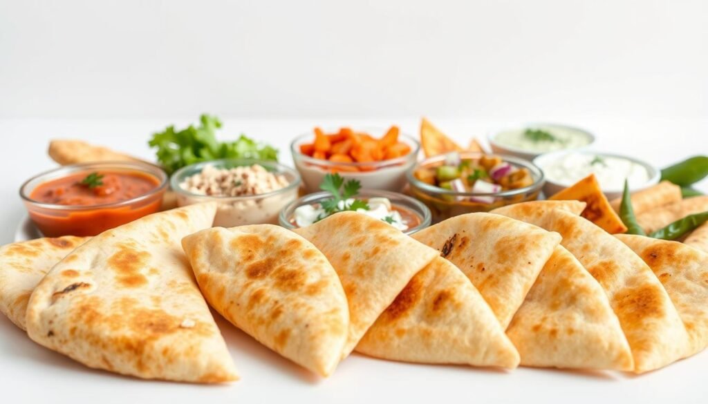 A vibrant arrangement of freshly baked pita bread, accompanied by an assortment of irresistible dipping sauces and toppings. In the foreground, golden-brown pita wedges are artfully displayed, inviting the viewer to dive in. The middle ground showcases a selection of colorful dips, from creamy hummus to tangy tzatziki, each one tempting the senses. In the background, a minimalist white backdrop allows the pita and its vibrant accompaniments to take center stage, creating a mouth-watering scene that captures the essence of a delightful lunchbox treat. Soft, diffused lighting casts a warm glow, enhancing the appetizing appeal of this dippable delight.