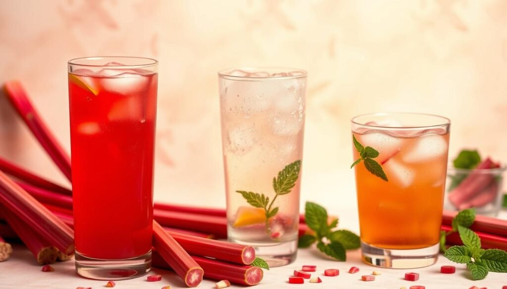 A vibrant arrangement of rhubarb-infused beverages, including a tall glass of ruby-red rhubarb lemonade, a frosty rhubarb-ginger spritzer, and a delicate rhubarb-rose iced tea. The drinks are set against a soft, pastel backdrop, with a scattering of fresh rhubarb stalks and mint leaves, evoking a refreshing, summery ambiance. The lighting is warm and diffused, creating a cozy, inviting atmosphere. The composition is balanced, with the drinks taking center stage, surrounded by complementary elements that enhance the overall aesthetic. This image perfectly captures the essence of "Creative Sweet Rhubarb Treats," showcasing the versatility and allure of rhubarb-based beverages.