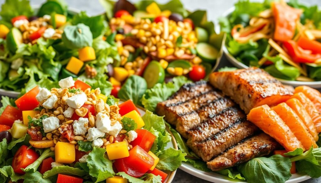 A vibrant arrangement of world cuisine salads, each a culinary masterpiece. In the foreground, a Mediterranean salad bursts with fresh tomatoes, cucumbers, and tangy feta, drizzled with a vibrant olive oil dressing. Behind it, a Thai-inspired salad showcases crisp greens, ripe mango, and crunchy peanuts, finished with a zesty lime-chili vinaigrette. In the middle, a lively Latin American salad features tender grilled steak, roasted corn, and a creamy avocado-cilantro dressing. The background is filled with a Japanese-style salad, its delicate greens and slivers of salmon complemented by a delicate soy-based dressing. Soft, diffused lighting illuminates the scene, creating a mouthwatering tableau that captures the vibrant flavors of world cuisine.