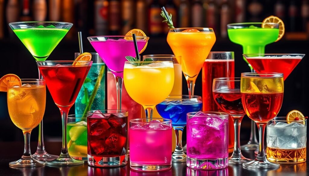 A vibrant array of colorful alcoholic drinks, arranged in a visually striking display. The scene features a variety of cocktails, each with its own distinct hue and presentation - from vivid neon-tinted martinis and mojitos to rich, jewel-toned Old Fashioneds and Manhattans. The drinks are positioned artfully, with attention to complementary color schemes and creative glassware. The lighting is warm and soft, casting a flattering glow on the beverages and accentuating their visual appeal. The overall composition exudes a sense of refinement and sophistication, capturing the essence of popular alcoholic drink varieties in a captivating, photogenic manner.