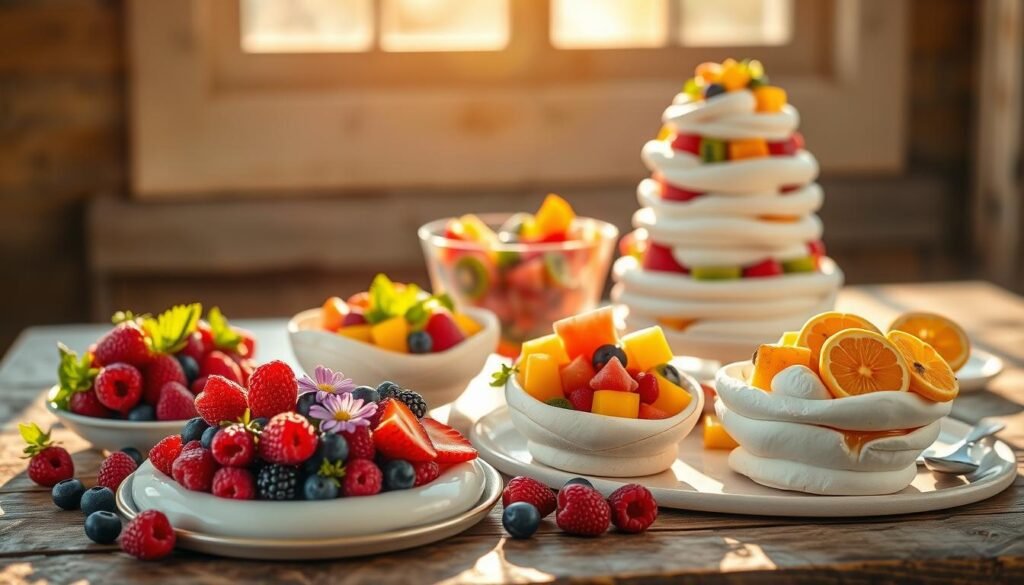 A vibrant array of fresh summer desserts adorns a rustic wooden table, bathed in warm, golden sunlight streaming through a nearby window. In the foreground, luscious berries - plump raspberries, blueberries, and strawberries - are artfully arranged alongside a creamy panna cotta garnished with edible flowers. In the middle ground, a refreshing fruit salad featuring juicy watermelon, kiwi, and mango cubes is served in a chilled glass bowl. Delicate meringue nests, filled with tangy lemon curd and topped with seasonal citrus slices, take center stage, while a towering pavlova, its crisp shell and fluffy interior complemented by kiwi and passionfruit, adds a touch of elegance to the scene. The overall mood is one of vibrant, summery delight, inviting the viewer to indulge in these delectable, seasonal treats.