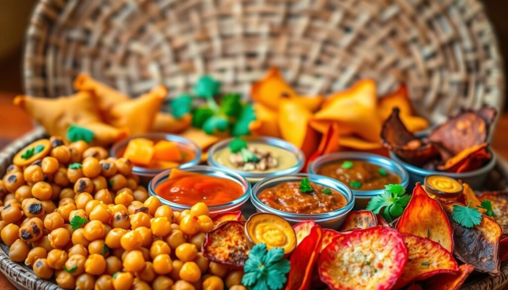 A vibrant array of healthy Indian snacks arranged against a warm, earthy backdrop. In the foreground, an assortment of roasted chickpeas, vegetable samosas, and baked vegetable chips in vibrant hues. In the middle ground, colorful chutneys and dips in small bowls, complemented by fresh herbs and spices. The background features a neutral-toned woven mat or platter, creating a rustic, authentic ambiance. Soft, natural lighting casts a gentle glow, highlighting the textures and flavors of these nutritious, flavor-packed Indian delights. The overall composition evokes a sense of balance, tradition, and a celebration of wholesome, regional cuisine. A vibrant array of healthy Indian snacks arranged against a warm, earthy backdrop. In the foreground, an assortment of roasted chickpeas, vegetable samosas, and baked vegetable chips in vibrant hues. In the middle ground, colorful chutneys and dips in small bowls, complemented by fresh herbs and spices. The background features a neutral-toned woven mat or platter, creating a rustic, authentic ambiance. Soft, natural lighting casts a gentle glow, highlighting the textures and flavors of these nutritious, flavor-packed Indian delights. The overall composition evokes a sense of balance, tradition, and a celebration of wholesome, regional cuisine.