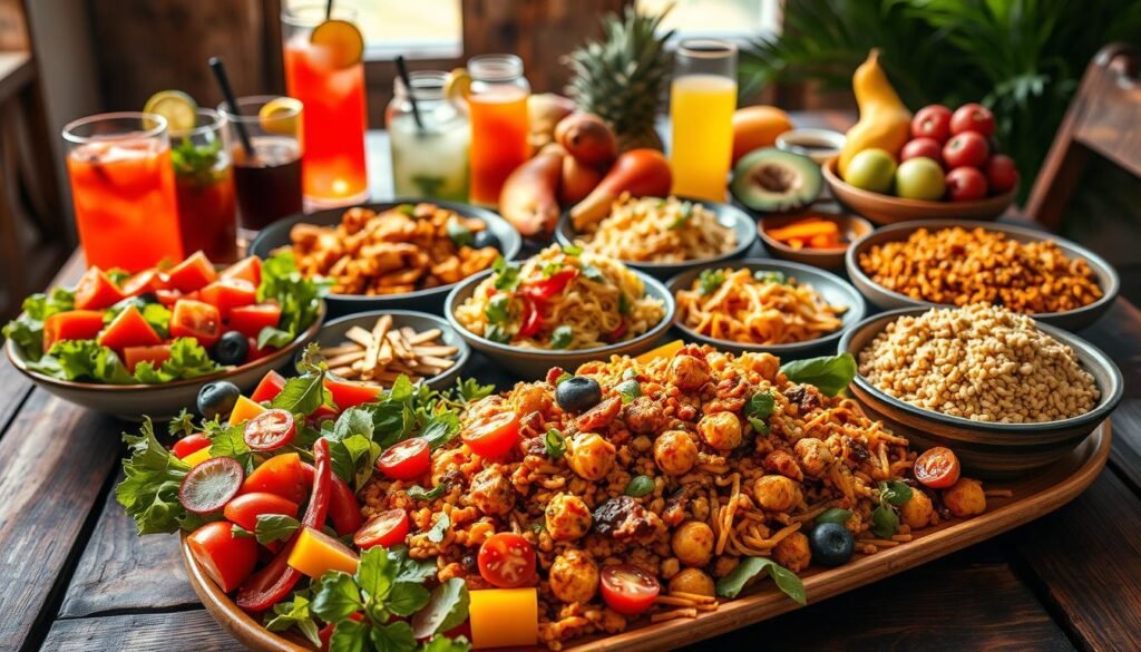 A vibrant array of international vegan summer cuisine dishes, artfully arranged on a rustic wooden table. In the foreground, a platter of fresh, colorful salad ingredients - crisp greens, juicy tomatoes, and crunchy vegetables. In the middle, a variety of mouthwatering entrees - fragrant curry with aromatic spices, zesty stir-fried noodles, and a hearty grain-based dish. In the background, a selection of refreshing beverages and vibrant fruits, creating a lush, tropical ambiance. Soft, natural lighting illuminates the scene, highlighting the vibrant colors and textures of the vegan dishes. The overall composition exudes a sense of global culinary harmony, inviting the viewer to savor the flavors of a diverse, plant-based summer feast.