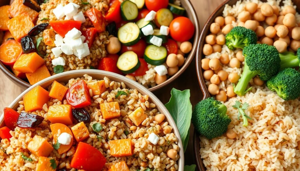 A vibrant array of international vegetarian grain bowls, brimming with an array of colorful, fresh vegetables. In the foreground, a quinoa bowl with roasted sweet potatoes, crisp bell peppers, and a drizzle of tahini dressing. In the middle, a bulgur wheat bowl adorned with sautéed zucchini, cherry tomatoes, and a sprinkle of feta. In the background, a fragrant basmati rice bowl crowned with steamed broccoli, crunchy chickpeas, and a hint of turmeric. Soft, natural lighting highlights the textures and vibrant hues, creating a mouthwatering scene of summertime vegetarian abundance.