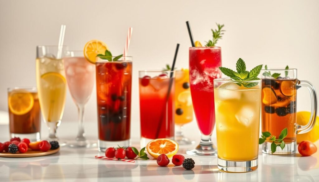 A vibrant array of non-alcoholic drinks, artfully arranged on a sleek, modern table. In the foreground, a delicate mocktail with a garnish of fresh mint and a slice of lime, its translucent liquid reflecting the warm, diffused lighting. Surrounding it, a diverse selection of beverages, from a tall, fizzy soda with ice cubes, to a richly colored fruit smoothie, to a steaming mug of herbal tea, each presented in elegant glassware. The middle ground showcases a variety of fresh, colorful ingredients, such as berries, citrus slices, and herbs, hinting at the care and attention given to crafting these refreshing, alcohol-free concoctions. The background features a minimalist, minimally styled setting, allowing the drinks to take center stage and creating a calming, inviting atmosphere.