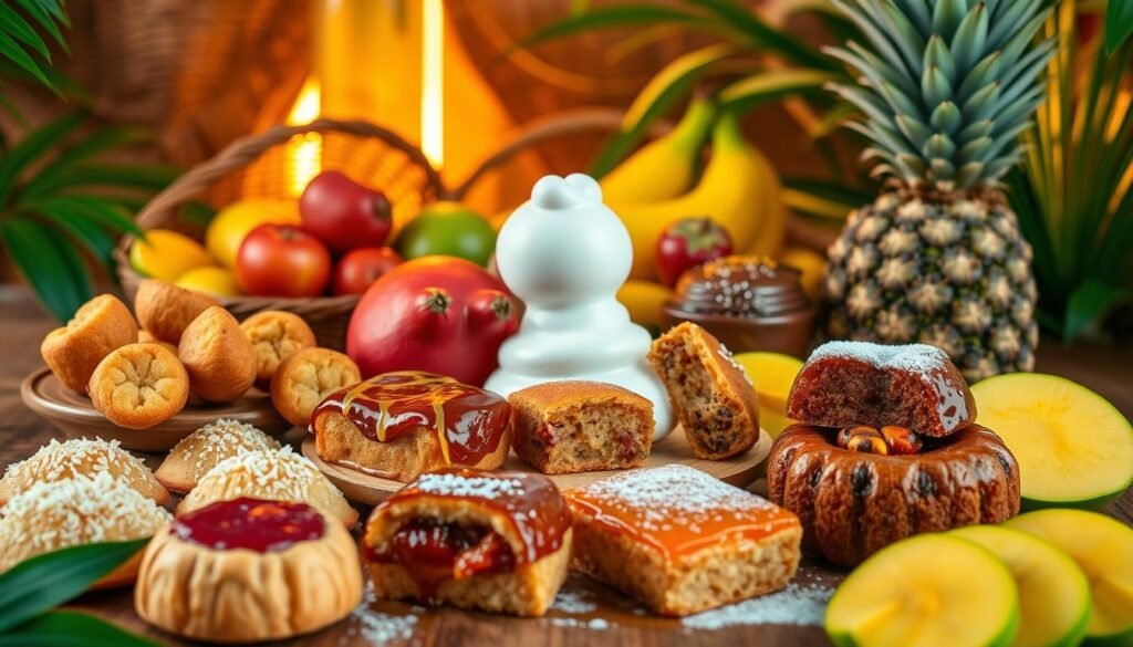 A vibrant array of traditional Caribbean desserts from different islands, captured in a sumptuous still life. In the foreground, a selection of colorful pastries and sweets: flaky coconut turnovers, gooey guava pastries, and rum-infused rum cakes. In the middle ground, a collection of tropical fruits - juicy mangoes, ripe plantains, and vibrant pineapple slices. The background features a rustic wooden table, with hints of woven baskets and lush, verdant foliage peeking in from the edges, evoking the lush island landscapes. The lighting is warm and golden, casting a soft, inviting glow over the scene. The overall mood is one of celebration, highlighting the rich culinary heritage and diverse flavors of the Caribbean.