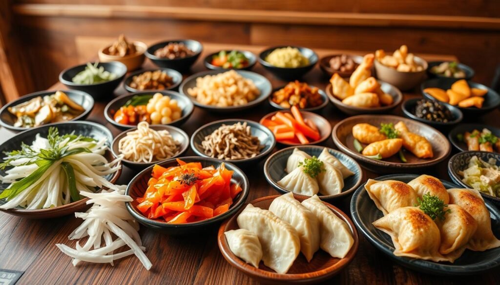 A vibrant array of traditional Japanese side dishes arranged artfully on a rustic wooden table. In the foreground, a selection of colorful, meticulously prepared delicacies - tender braised daikon radish, glistening pickled vegetables, and steaming hot gyoza dumplings. The middle ground features a variety of small plates, each showcasing the refined techniques and bold flavors of Japanese cuisine, such as simmered seaweed salad and crisp tempura shrimp. The background is softly lit, highlighting the natural textures and hues of the dishes, creating a sense of harmony and authenticity. The overall scene evokes the essence of a traditional Japanese izakaya, inviting the viewer to savor the delectable side dishes and immerse themselves in the rich culinary traditions of Japan. A vibrant array of traditional Japanese side dishes arranged artfully on a rustic wooden table. In the foreground, a selection of colorful, meticulously prepared delicacies - tender braised daikon radish, glistening pickled vegetables, and steaming hot gyoza dumplings. The middle ground features a variety of small plates, each showcasing the refined techniques and bold flavors of Japanese cuisine, such as simmered seaweed salad and crisp tempura shrimp. The background is softly lit, highlighting the natural textures and hues of the dishes, creating a sense of harmony and authenticity. The overall scene evokes the essence of a traditional Japanese izakaya, inviting the viewer to savor the delectable side dishes and immerse themselves in the rich culinary traditions of Japan.