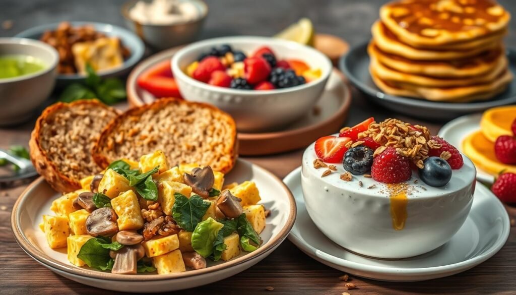 A vibrant, artfully arranged still life of various vegetarian breakfast recipes featuring tofu as the central ingredient. In the foreground, a plate showcases a fluffy tofu scramble with sautéed mushrooms, peppers, and spinach, accompanied by crispy whole-grain toast and a drizzle of avocado oil. In the middle ground, a bowl of creamy tofu yogurt is topped with fresh berries, crunchy granola, and a sprinkle of chia seeds. The background features a variety of other tofu-based dishes, such as a savory tofu-veggie quiche and a stack of tofu pancakes with maple syrup. The lighting is warm and natural, with soft shadows accentuating the textures and colors of the ingredients. The composition is balanced and visually appealing, inviting the viewer to explore the diverse and nourishing possibilities of tofu in a vegetarian breakfast. A vibrant, artfully arranged still life of various vegetarian breakfast recipes featuring tofu as the central ingredient. In the foreground, a plate showcases a fluffy tofu scramble with sautéed mushrooms, peppers, and spinach, accompanied by crispy whole-grain toast and a drizzle of avocado oil. In the middle ground, a bowl of creamy tofu yogurt is topped with fresh berries, crunchy granola, and a sprinkle of chia seeds. The background features a variety of other tofu-based dishes, such as a savory tofu-veggie quiche and a stack of tofu pancakes with maple syrup. The lighting is warm and natural, with soft shadows accentuating the textures and colors of the ingredients. The composition is balanced and visually appealing, inviting the viewer to explore the diverse and nourishing possibilities of tofu in a vegetarian breakfast.