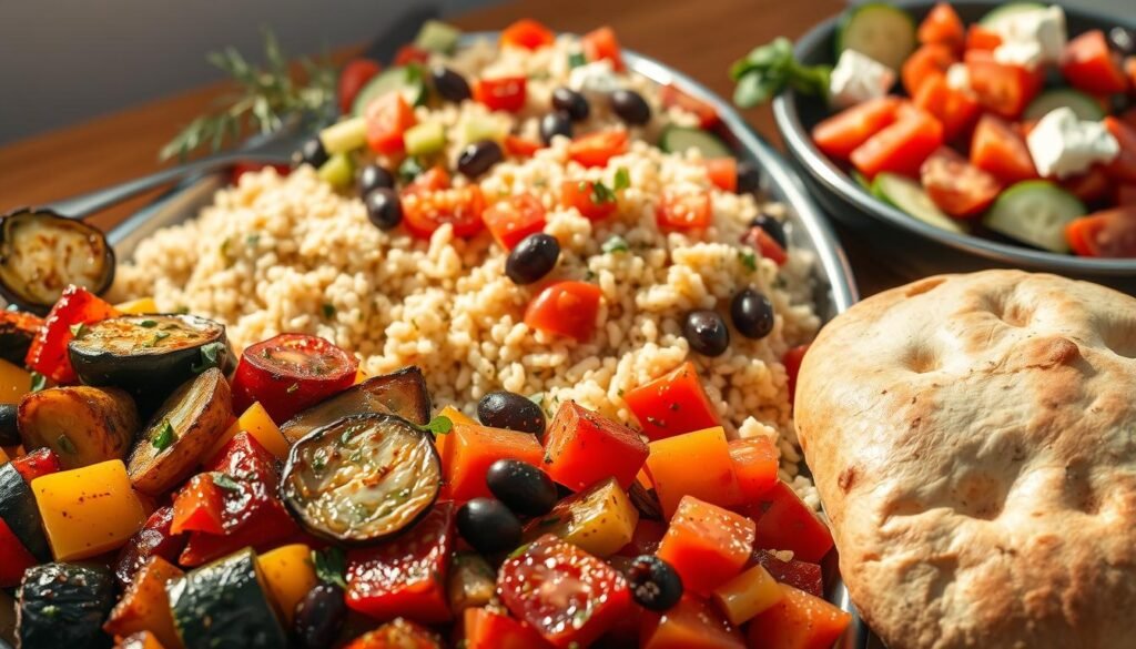 A vibrant assortment of Mediterranean side dishes for fresh, flaky fish. In the foreground, a colorful display of roasted vegetables - zucchini, eggplant, bell peppers, and onions, drizzled with olive oil and sprinkled with fragrant herbs. In the middle ground, a bed of fluffy couscous, steamed and tossed with sun-dried tomatoes, kalamata olives, and a squeeze of lemon. In the background, a platter of crisp Greek salad, with crunchy cucumbers, juicy tomatoes, crumbled feta, and a tangy vinaigrette. Soft, warm pita bread completes the scene, ready to soak up the flavors of the sea. Warm, natural lighting casts a golden glow, evoking the warmth and vibrance of the Mediterranean.