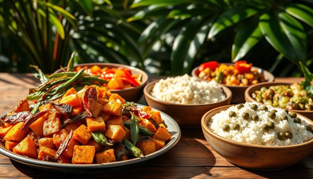 A vibrant assortment of plant-based Caribbean side dishes arranged on a rustic wooden table. In the foreground, a platter overflows with fragrant roasted sweet potatoes, seasoned with a blend of warm spices. Alongside, a colorful medley of sautéed callaloo, okra, and bell peppers, their vibrant hues shimmering under soft, natural lighting. In the middle ground, a bowl of creamy coconut rice and peas, its rich aroma wafting through the scene. In the background, lush tropical foliage frames the composition, casting gentle shadows that add depth and texture. The overall mood is one of abundance, freshness, and the vibrant, soulful flavors of the Caribbean.
