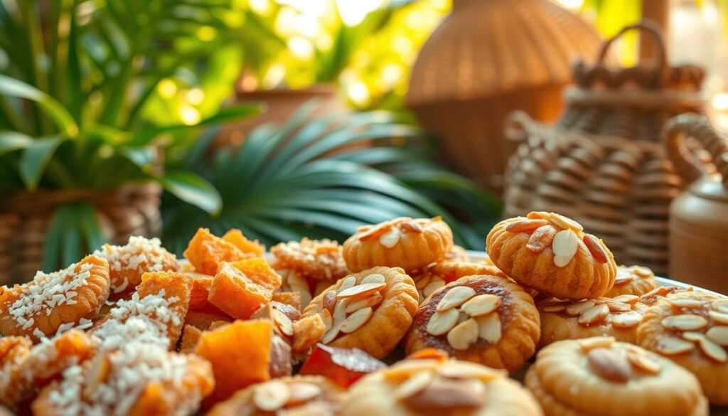 A vibrant assortment of traditional Caribbean sweets, reflecting the region's diverse cultural influences. In the foreground, a platter showcases an array of colorful confections - from crisp coconut brittle to sticky guava pastries, sprinkled with toasted almonds. In the middle ground, a backdrop of tropical foliage and woven baskets evokes the lush island setting. Warm, natural lighting casts a golden glow, accentuating the rich textures and vibrant hues. The overall atmosphere is one of warmth, tradition, and a celebration of the Caribbean's unique culinary heritage.