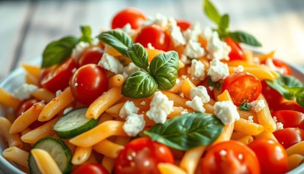 A vibrant classic Italian pasta salad with penne noodles, fresh cherry tomatoes, crisp cucumber slices, fragrant basil leaves, and crumbled feta cheese, all dressed in a zesty lemon-garlic vinaigrette. The salad is bathed in warm, soft lighting, creating a mouthwatering, summertime scene. The arrangement is set against a blurred, out-of-focus background, drawing the eye to the delectable, vividly colored ingredients. The overall mood is fresh, inviting, and quintessentially Italian, capturing the essence of a timeless pasta salad perfect for any summer gathering. A vibrant classic Italian pasta salad with penne noodles, fresh cherry tomatoes, crisp cucumber slices, fragrant basil leaves, and crumbled feta cheese, all dressed in a zesty lemon-garlic vinaigrette. The salad is bathed in warm, soft lighting, creating a mouthwatering, summertime scene. The arrangement is set against a blurred, out-of-focus background, drawing the eye to the delectable, vividly colored ingredients. The overall mood is fresh, inviting, and quintessentially Italian, capturing the essence of a timeless pasta salad perfect for any summer gathering.