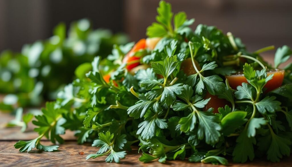A vibrant, close-up image of a fresh herb salad, with an array of aromatic greens and herbs artfully arranged on a wooden table. The salad is dressed in a light, fragrant vinaigrette, with droplets of dressing glistening on the leaves. The composition is balanced, with the herbs taking center stage, while the background is softly blurred, creating a sense of depth and focus. Soft, natural lighting illuminates the scene, casting gentle shadows and highlighting the vibrant colors of the ingredients. The overall mood is one of freshness, flavor, and culinary inspiration, perfectly capturing the essence of the "Dressing Enhancements for Added Flavor" section in the article.