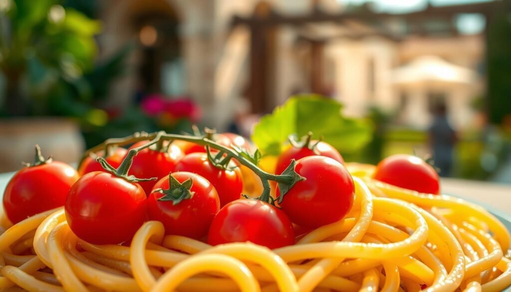 A vibrant close-up of a fresh summer pasta dish, featuring plump cherry tomatoes nestled among al dente strands of linguine. The juicy red tomatoes glisten in the warm, golden light, their skins glistening with a hint of olive oil. The pasta curves gracefully, its curves accentuated by the play of light and shadow. In the background, a blurred, out-of-focus scene suggests a rustic, sun-dappled Italian villa or garden. The overall atmosphere is one of simple, seasonal abundance - a celebration of the flavors of high summer.
