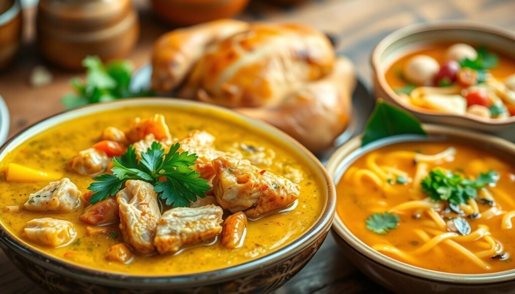 A vibrant collage of international chicken dishes, captured in a warm, inviting atmosphere. In the foreground, a savory Thai green curry with tender chicken, aromatic herbs, and plump, juicy peppers. In the middle ground, a lemon-garlic roasted chicken from the Mediterranean, its golden skin glistening under soft, natural lighting. In the background, a hearty chicken noodle soup from Japan, the noodles nestled in a rich, umami-packed broth. The scene is framed by a rustic, wooden table, evoking a sense of global culinary exploration and comfort. The overall mood is one of cultural diversity, gastronomic delight, and the universal appeal of the humble chicken.