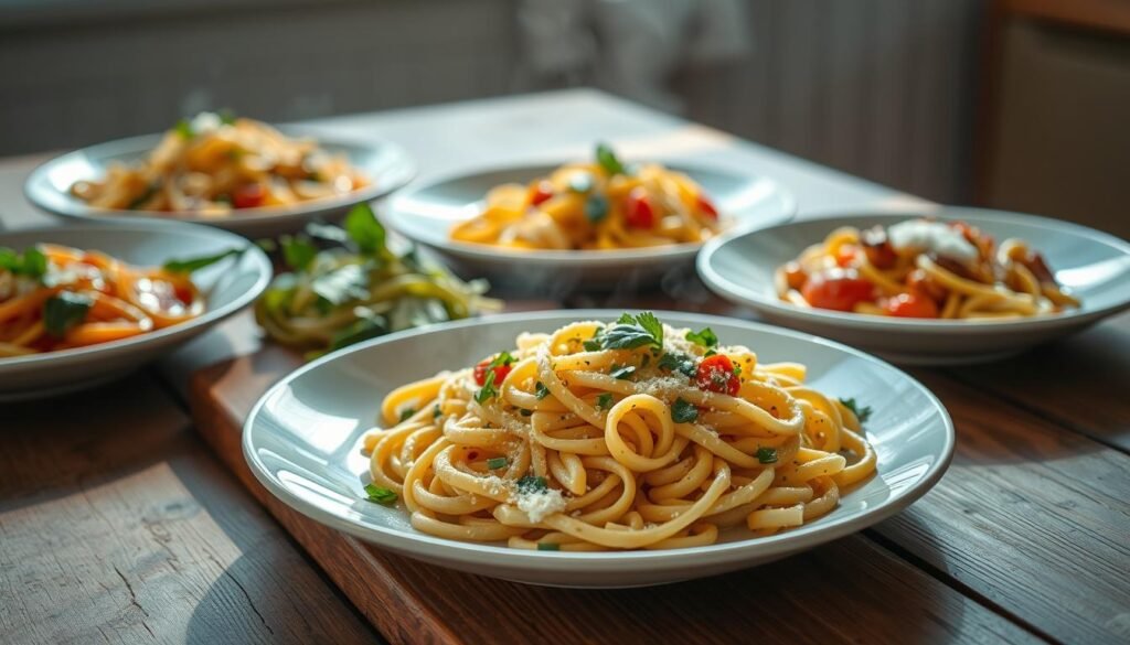 A vibrant collection of fresh, mouthwatering vegetarian pasta dishes arranged on a rustic wooden table, bathed in warm, natural lighting. In the foreground, a plate showcases a steaming bowl of quick-cooked pasta in a creamy, herb-infused sauce, surrounded by a scatter of freshly chopped vegetables and a hint of parmesan. In the middle ground, additional pasta plates feature diverse shapes and sauces, from classic tomato basil to pesto-tossed spirals, all bursting with vibrant colors and textures. The background is softly blurred, hinting at a simple, minimalist kitchen setting, emphasizing the focus on the delectable pasta creations. The overall scene evokes a sense of effortless, wholesome weeknight dinners that are both nourishing and visually enticing.