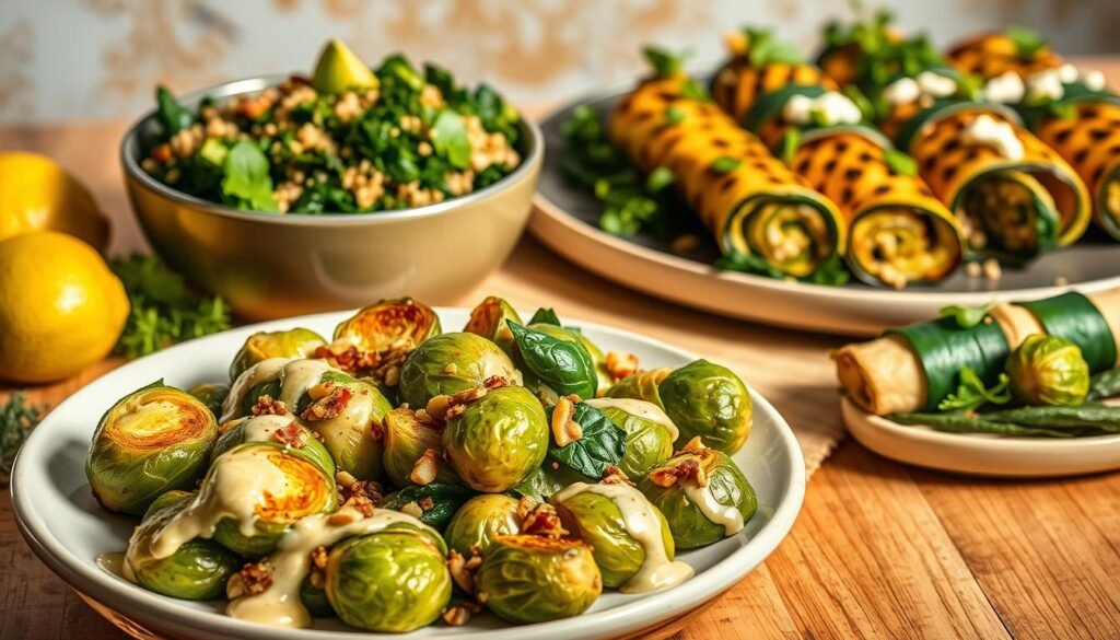A vibrant, contemporary still life showcasing an array of innovative green dishes. In the foreground, a plate of artfully arranged roasted Brussels sprouts, drizzled with a creamy lemon-garlic sauce and sprinkled with toasted pine nuts. In the middle ground, a bowl of hearty kale and quinoa salad, the greens glistening with a bright, herbaceous vinaigrette. In the background, a platter of grilled zucchini rolls, filled with a tangy feta-spinach mixture and garnished with fresh microgreens. Warm, directional lighting casts a soft, inviting glow, highlighting the dynamic textures and vibrant colors of these delectable, health-conscious creations.