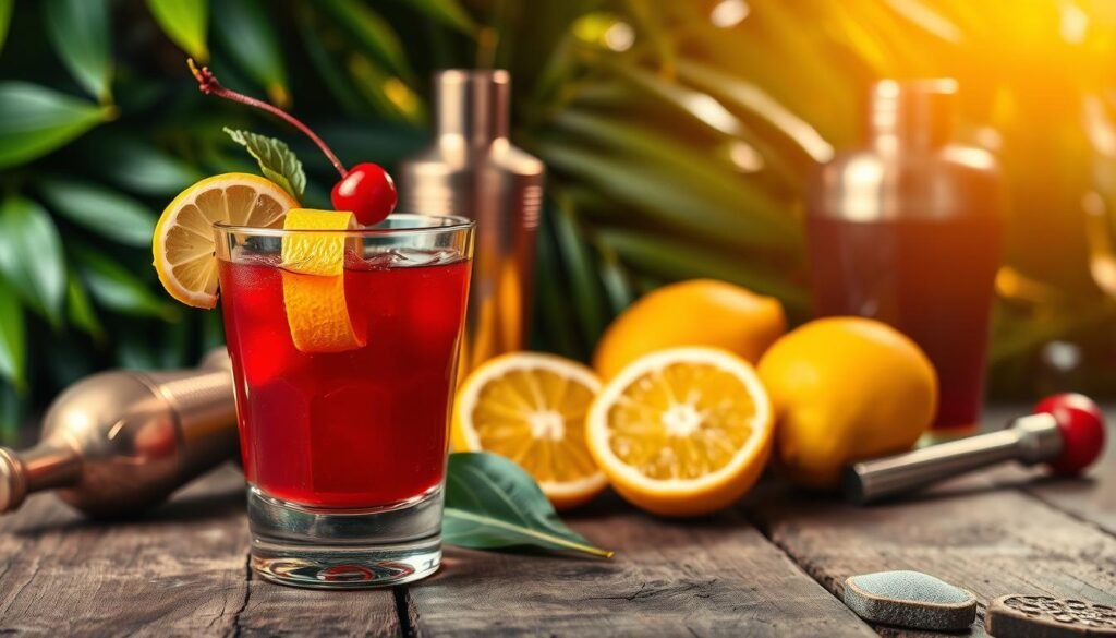 A vibrant, detailed scene of a traditional Jamaican rum punch cocktail. In the foreground, a glass tumbler filled with the signature ruby-red punch, garnished with a lemon twist and maraschino cherry. Behind it, a copper jigger, metal cocktail shaker, and fresh citrus fruits spill across a rustic wooden surface, bathed in warm, ambient lighting. In the background, a verdant tropical foliage frames the scene, hinting at the lush island setting. The overall mood is one of laid-back Caribbean elegance, inviting the viewer to experience the flavors and aromas of this iconic island libation.