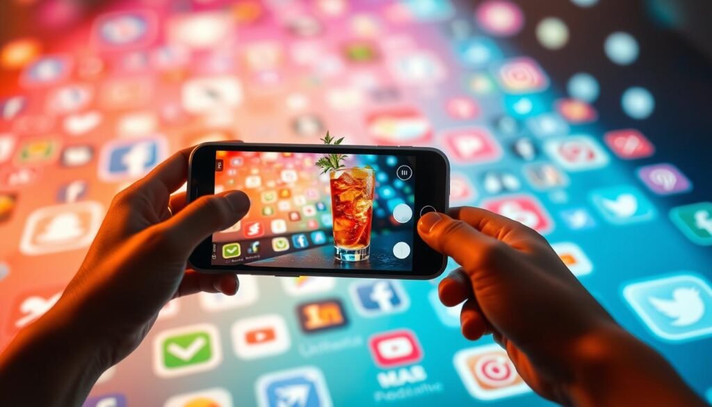A vibrant digital landscape of social media platforms, with a central smartphone capturing a meticulously styled image of a refreshing cocktail. The foreground features a sleek, modern device with a crisp, high-resolution display showcasing the drink. The middle ground bustles with colorful app icons, share buttons, and hashtag-adorned graphics, all bathed in a warm, inviting lighting that creates a sense of engagement and connectivity. The background subtly fades into a soft, blurred gradient, drawing the viewer's focus to the focal point - the expertly photographed beverage, ready to be shared with the world through the power of social media optimization.
