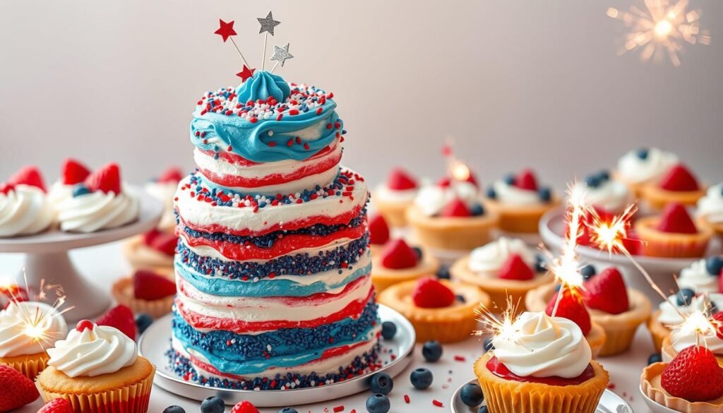 A vibrant display of patriotic desserts, illuminated by warm natural light and captured from a slightly elevated angle. In the foreground, a towering Independence Day cake adorned with vibrant red, white, and blue frosting, topped with glittering sprinkles and star-shaped decorations. Surrounding it, an assortment of cupcakes, tarts, and mini pies, each bursting with vivid hues and festive designs. The middle ground features a scattering of fresh berries, whipped cream, and sparklers, creating a sense of energy and celebration. The background is softly blurred, allowing the delectable treats to take center stage and truly shine like fireworks against a clean, minimalist backdrop.