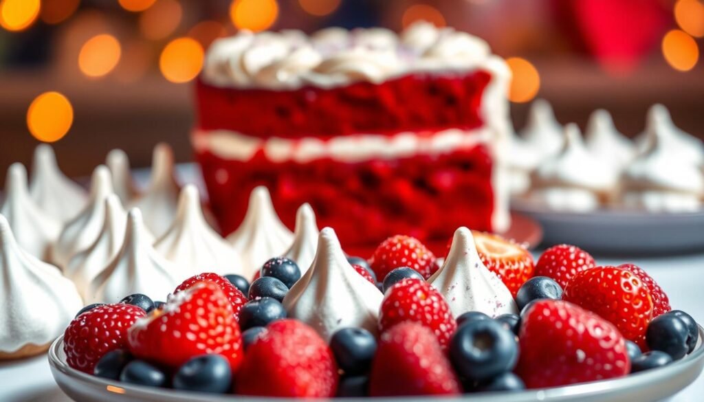 A vibrant display of vegan 4th of July desserts, captured in a warm, festive light. In the foreground, a platter of red, white, and blue berries artfully arranged, their colors popping against a crisp white background. Behind them, an assortment of fluffy, cloud-like vegan meringues, their tops dusted with a light sprinkling of edible glitter, evoking the sparkle of fireworks. In the middle ground, a decadent vegan red velvet cake, its rich hue complemented by a creamy, dairy-free frosting. In the background, a subtle bokeh effect creates a sense of depth, drawing the eye towards the patriotic tableau. The overall mood is one of celebration, indulgence, and the joyful embrace of plant-based delights.