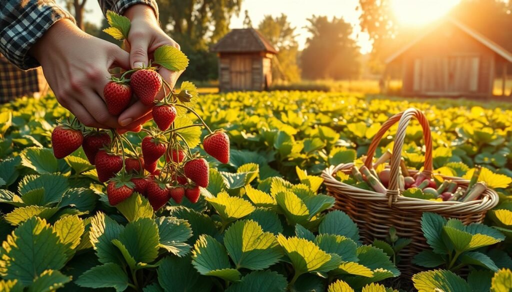 A vibrant field of lush green foliage, sun-dappled and glistening with morning dew. In the foreground, a pair of weathered hands tenderly pluck ripe, juicy strawberries, their scarlet hues contrasting against the verdant rhubarb stalks. The mid-ground reveals a wicker basket, its contents a captivating medley of the just-harvested bounty. In the distance, a weathered wooden shed stands sentinel, its aged facade bathed in the warm, golden light of the rising sun. The air is crisp and calm, infused with the sweet, earthy aroma of the harvest, creating a serene and idyllic scene of peak ripeness and abundance.
