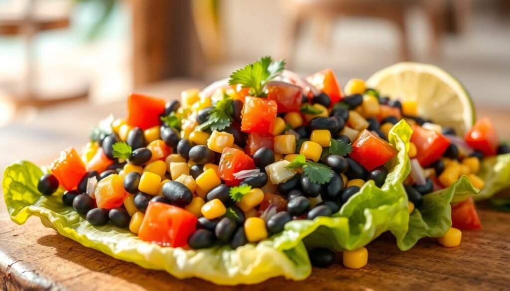 A vibrant, fresh Caribbean black bean and corn salad, brimming with vibrant colors and flavors. In the foreground, a bed of crisp romaine lettuce is topped with a medley of black beans, sweet corn kernels, juicy diced tomatoes, and slivers of red onion. Accents of cilantro and a drizzle of tangy lime vinaigrette add a lively touch. The middle ground showcases the textures and hues, while the background features a rustic wooden surface and a glimpse of a tropical beach scene, evoking the essence of the Caribbean. Soft, natural lighting casts a warm, inviting glow over the entire composition, capturing the essence of a classic Caribbean salad.