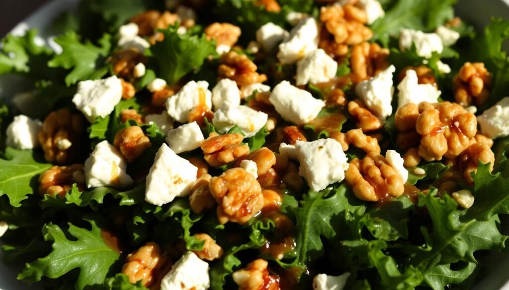 A vibrant kale salad with crumbled goat cheese, toasted walnuts, and a rich balsamic vinaigrette. The kale leaves are crisp and a deep emerald green, arranged artfully in the foreground. Crumbles of creamy, tangy goat cheese are sprinkled throughout, contrasting with the crunchy walnuts. The salad is bathed in a glossy, golden-brown balsamic dressing, creating an appetizing sheen. Soft natural lighting from the side casts warm shadows, highlighting the textures and colors. The scene is captured from a slightly elevated angle, giving a full view of the salad's enticing composition.