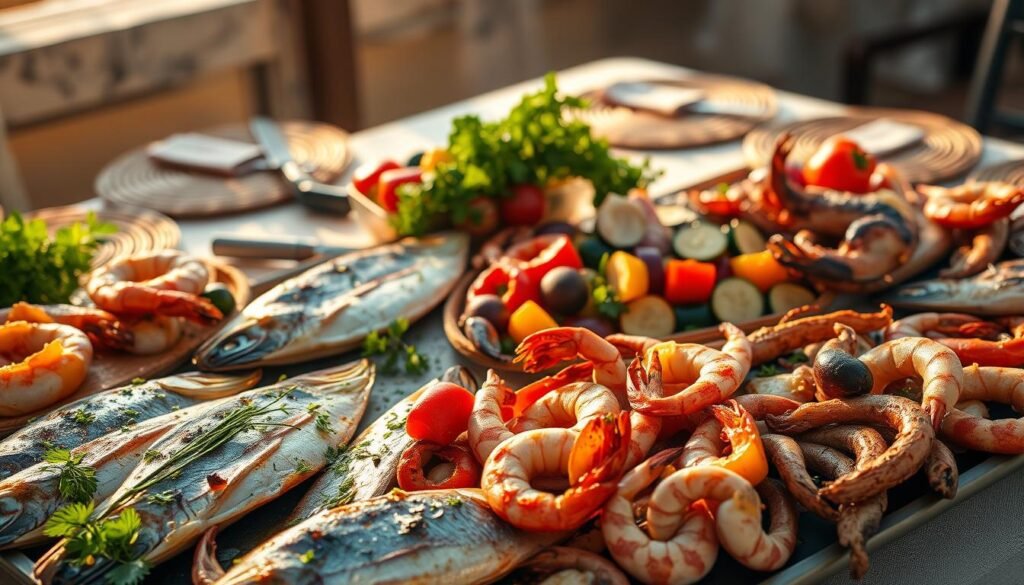 A vibrant, mouthwatering Mediterranean seafood dinner spread, captured in a warm, inviting ambiance. In the foreground, a bountiful display of freshly grilled whole fish, plump shrimp, and tender octopus, seasoned with fragrant herbs and a drizzle of aromatic olive oil. In the middle ground, a selection of colorful roasted vegetables, including eggplant, zucchini, and bell peppers, arranged artfully around the seafood. The background features a rustic, sun-drenched table setting, with a linen tablecloth, woven placemats, and a cluster of vibrant, fresh herbs. The lighting is soft and golden, creating a cozy, intimate atmosphere, while the camera angle is slightly elevated, showcasing the abundance and mouthwatering presentation of this Mediterranean seafood feast.