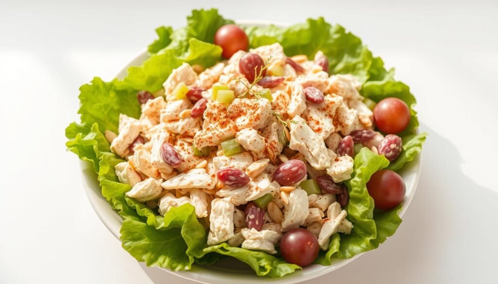 A vibrant, mouthwatering arrangement of freshly prepared chicken salad, nestled on a bed of crisp, green lettuce leaves. The chicken is perfectly cooked, shredded and tossed with a creamy, tangy dressing, dotted with crunchy celery, juicy grapes, and toasted slivered almonds. The salad is beautifully presented on a white ceramic plate, with delicate sprigs of herbs and a sprinkle of paprika for depth of flavor. Soft, natural lighting illuminates the scene, creating a warm, inviting atmosphere. The composition is balanced, with the salad taking center stage, surrounded by a simple, minimalist background that allows the vibrant colors and textures to shine.
