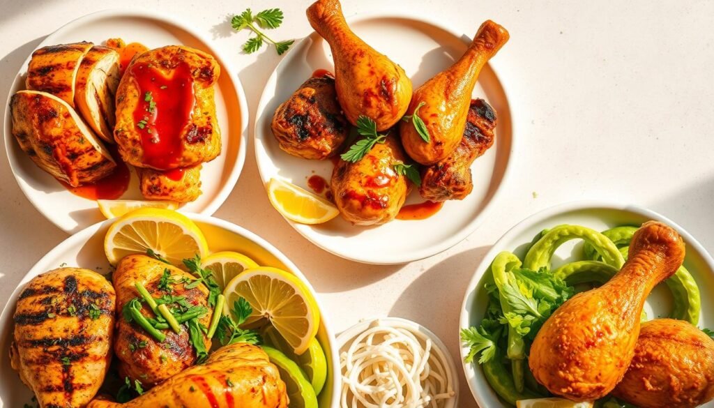 A vibrant, mouthwatering assortment of protein-rich chicken lunch recipes, artfully presented against a clean, minimalist background. Juicy roasted chicken breasts, tender grilled thighs, and crispy fried drumsticks take center stage, garnished with fresh herbs, lemon wedges, and a drizzle of tantalizing sauces. The lighting is warm and inviting, casting a soft glow that accentuates the appetizing textures and colors of the dishes. The camera angle is slightly elevated, providing a visually appealing and appetizing perspective. An atmosphere of culinary inspiration and healthy, satisfying midday meals permeates the scene.