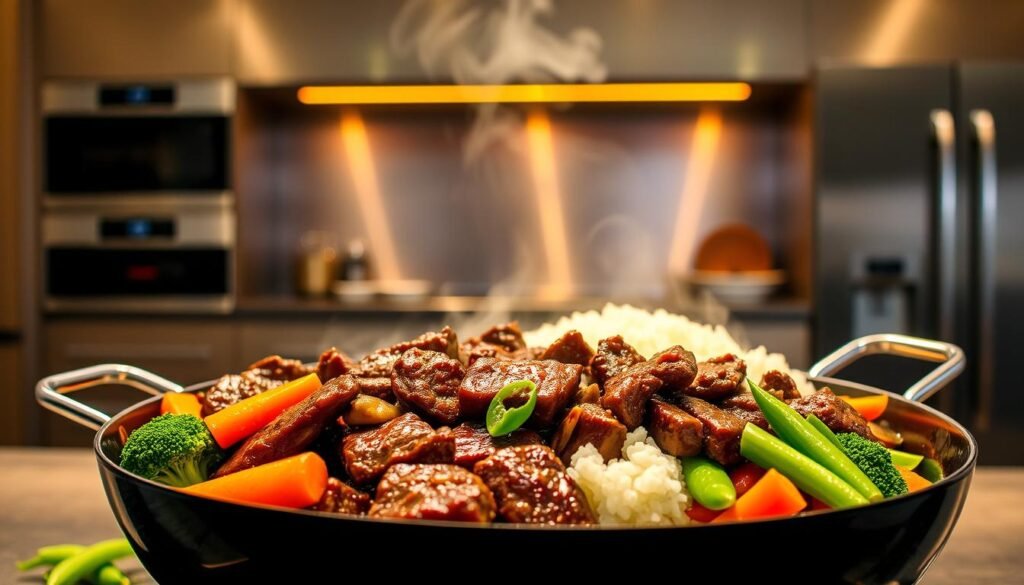A vibrant, mouthwatering scene of classic beef stir fry favorites. In the foreground, slices of tender, marinated beef sizzle in a wok, glistening under warm, golden lighting. Crisp, colorful vegetables - carrots, broccoli, and snow peas - surround the beef, their textures and hues creating a visually appealing contrast. In the middle ground, fragrant, steaming white rice is served alongside the stir fry, ready to soak up the savory sauce. The background features a sleek, minimalist kitchen setting, with stainless steel appliances and clean lines providing a sophisticated backdrop. The overall atmosphere is one of bold, flavorful Asian cuisine, ready to be enjoyed.