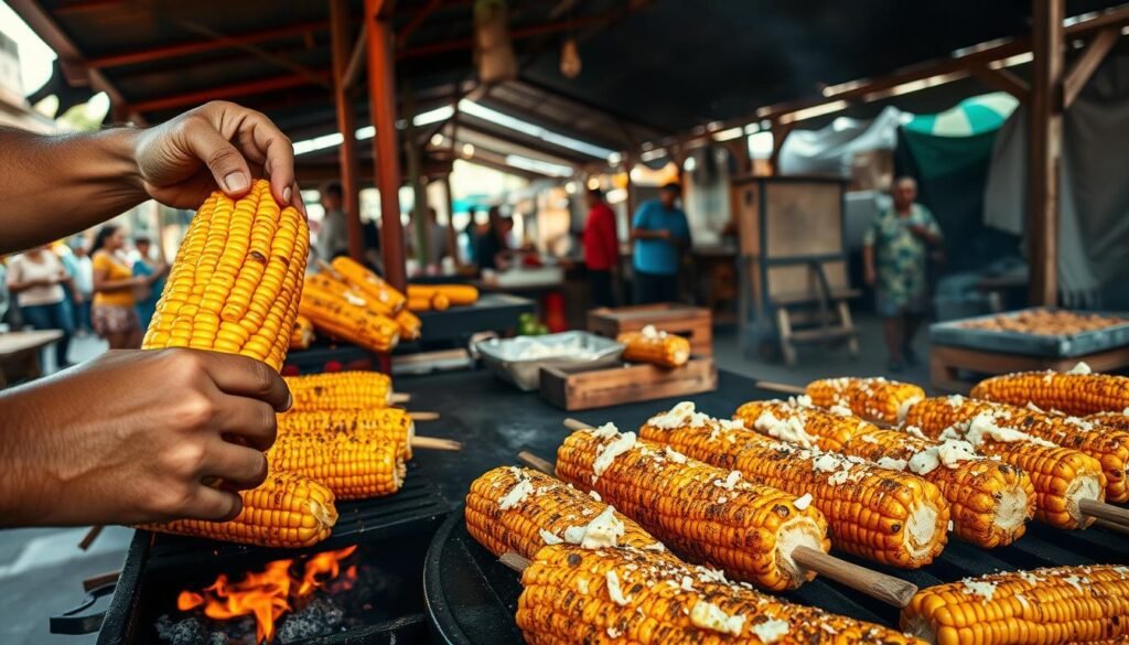 A vibrant open-air Mexican street market, with vendors grilling fresh ears of corn over open flames. Foreground showcases the intricate technique, with skilled hands carefully rotating the corn to achieve an even char. Middle ground features the sizzling cobs, seasoned with a zesty blend of spices, lime, and queso fresco. Soft afternoon light filters through the scene, casting warm shadows and highlighting the inviting aromas. Wooden carts and tarpaulin stalls provide a rustic backdrop, while the energy of the bustling marketplace sets the mood. The result is a mouthwatering representation of the joy of grilling Mexican street corn.