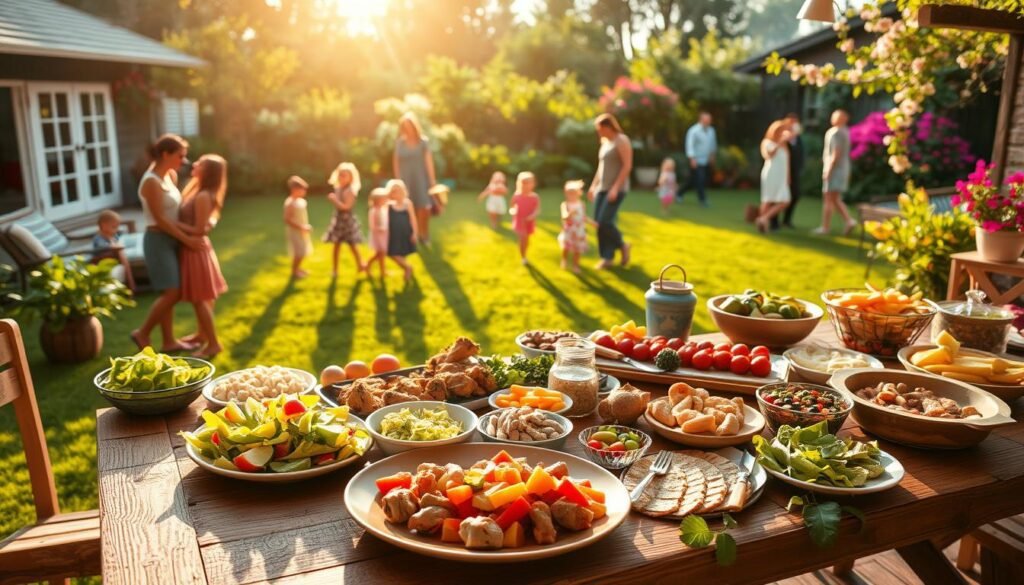 A vibrant outdoor gathering with a rustic, summer-inspired setting. In the foreground, a wooden table is laden with an array of delectable dishes - fresh salads, grilled meats, and an assortment of colorful fruit platters. The middle ground features a lush, green lawn dotted with playful children and adults mingling and enjoying the warm, golden sunlight. In the background, a charming garden backdrop with blooming flowers and lush foliage creates a serene, family-friendly atmosphere. The scene is illuminated by natural, soft lighting that casts a warm, inviting glow, capturing the essence of a perfect summer gathering. A vibrant outdoor gathering with a rustic, summer-inspired setting. In the foreground, a wooden table is laden with an array of delectable dishes - fresh salads, grilled meats, and an assortment of colorful fruit platters. The middle ground features a lush, green lawn dotted with playful children and adults mingling and enjoying the warm, golden sunlight. In the background, a charming garden backdrop with blooming flowers and lush foliage creates a serene, family-friendly atmosphere. The scene is illuminated by natural, soft lighting that casts a warm, inviting glow, capturing the essence of a perfect summer gathering.