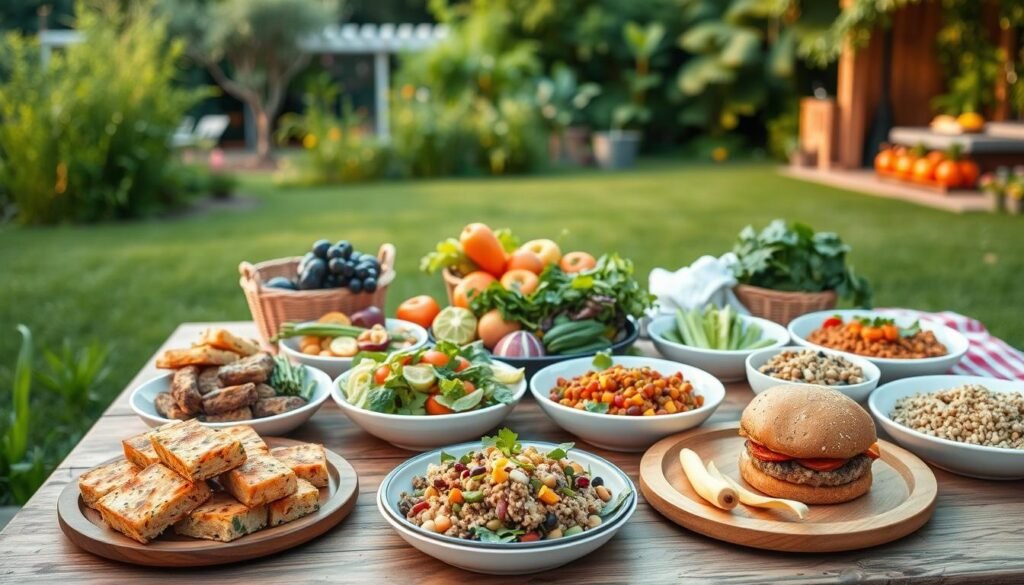 A vibrant outdoor scene featuring a picnic setting with a variety of fresh and protein-rich vegan summer dishes. In the foreground, a wooden table is laid out with a variety of tofu and legume-based dishes, such as grilled tofu skewers, lentil and quinoa salads, and bean-based burgers. The middle ground showcases an array of colorful vegetables, herbs, and fruits, creating a visually appealing and appetizing display. The background features a lush, verdant garden setting with a soft, warm lighting that captures the essence of a summer evening. The overall mood is one of freshness, nourishment, and al fresco dining, reflecting the theme of "Protein-Rich Vegan Summer Meals".