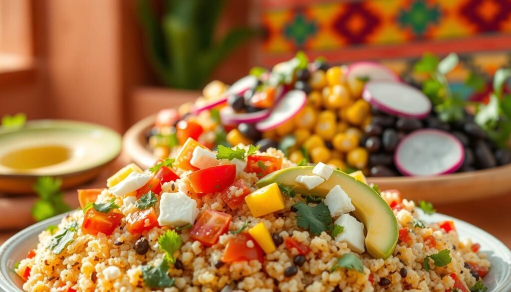 A vibrant quinoa salad set against a backdrop of warm, earthy Mexican-inspired hues. In the foreground, a generous serving of fluffy quinoa tossed with diced tomatoes, sliced avocado, crumbled queso fresco, and a scattering of chopped cilantro. The midground features a lively arrangement of roasted corn kernels, black beans, and thinly sliced radish, all drizzled with a tangy lime vinaigrette. The background is a soft, diffused landscape with hints of terracotta walls and a vibrant southwestern-patterned textile, evoking the lively flavors of Mexico. Warm, natural lighting casts a golden glow over the scene, enhancing the fresh, appetizing quality of the salad. A vibrant quinoa salad set against a backdrop of warm, earthy Mexican-inspired hues. In the foreground, a generous serving of fluffy quinoa tossed with diced tomatoes, sliced avocado, crumbled queso fresco, and a scattering of chopped cilantro. The midground features a lively arrangement of roasted corn kernels, black beans, and thinly sliced radish, all drizzled with a tangy lime vinaigrette. The background is a soft, diffused landscape with hints of terracotta walls and a vibrant southwestern-patterned textile, evoking the lively flavors of Mexico. Warm, natural lighting casts a golden glow over the scene, enhancing the fresh, appetizing quality of the salad.