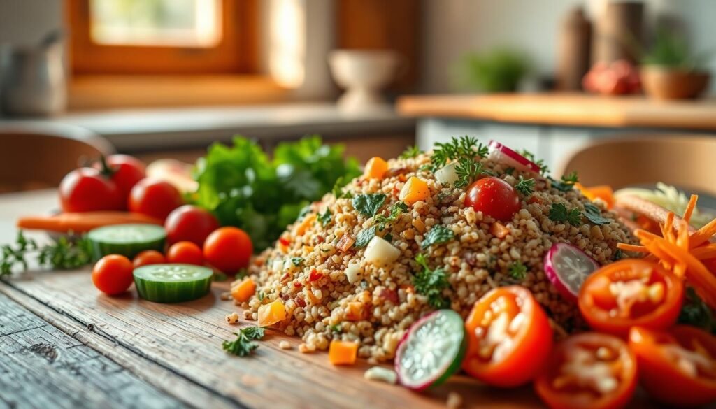 A vibrant quinoa salad with seasonal vegetables sits atop a rustic wooden table, bathed in warm, natural light filtering through a window. In the foreground, fresh produce such as cherry tomatoes, cucumber slices, and shredded carrots are artfully arranged, their colors popping against the earthy tones of the quinoa. The middle ground features a generous portion of the salad, with finely chopped bell peppers, crisp radish slices, and a scattering of fragrant herbs. The background suggests a minimalist, yet cozy kitchen setting, hinting at the overall healthful and homemade atmosphere. The salad is presented in a simple, but elegant way, inviting the viewer to savor its freshness and vibrant flavors.