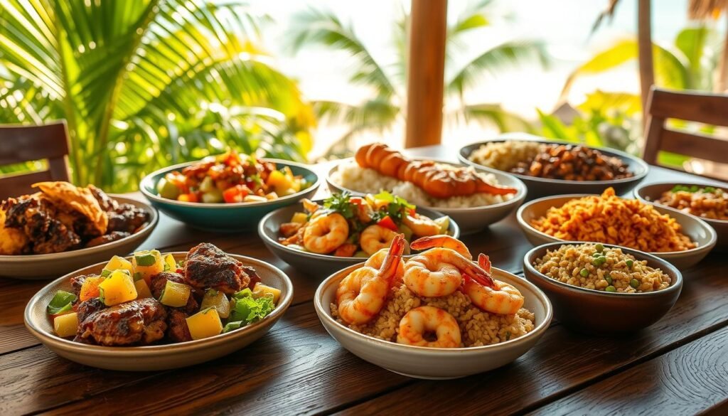 A vibrant spread of Caribbean-inspired weeknight meals, ready in 30 minutes or less. On a rustic wooden table, an array of colorful dishes - jerk chicken with pineapple salsa, coconut shrimp with mango chutney, and aromatic rice and peas. Bright natural lighting casts a warm glow, highlighting the rich, flavorful textures. In the background, lush tropical foliage and a glimpse of a sun-drenched Caribbean coastline set the scene. The overall mood is one of casual, island-inspired ease and deliciousness.
