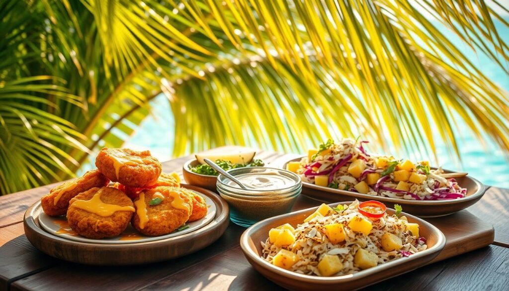 A vibrant spread of Caribbean vegan starters on a rustic wooden table, bathed in warm, golden sunlight filtering through lush tropical foliage. In the foreground, a platter of crisp, golden-fried plantain fritters drizzled with a tangy mango-chili sauce. Beside it, a creamy coconut-infused callaloo dip with crunchy vegetable crudités for dipping. In the middle ground, a colorful salad of shredded cabbage, juicy pineapple chunks, and toasted coconut flakes, dressed in a zesty lime-cilantro vinaigrette. The background features lush, verdant palm leaves and a glimpse of a turquoise Caribbean sea, evoking a sense of island paradise. The overall atmosphere is vibrant, fresh, and bursting with the flavors of the tropics.