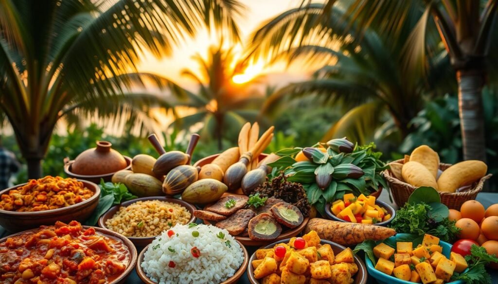 A vibrant spread of diverse Caribbean vegan regional specialties, captured in a lush tropical setting. In the foreground, an array of colorful plant-based dishes - spicy callaloo stew, fragrant coconut rice and peas, hearty breadfruit fritters, and zesty mango salsa. The middle ground features a selection of fresh tropical produce - breadfruit, plantains, cassava, and vibrant leafy greens. Framing the scene, a background of swaying palm trees, verdant foliage, and a warm Caribbean sunset, bathed in soft, golden light. The overall atmosphere is one of abundance, flavor, and a celebration of the rich culinary traditions of the Caribbean islands.
