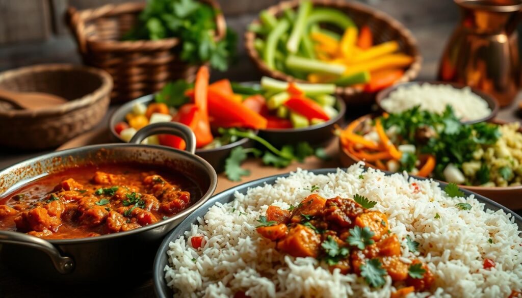 A vibrant spread of traditional Indian dishes, reimagined with a healthy twist. In the foreground, a delectable curry simmers with aromatic spices, accompanied by fragrant basmati rice. In the middle ground, a colorful array of freshly chopped vegetables and herbs add a vibrant touch. The background features a rustic wooden table, with a hand-woven basket and a copper pitcher, evoking the warmth and authenticity of a traditional Indian kitchen. The lighting is soft and natural, casting a gentle glow over the scene, highlighting the rich textures and colors of the food. The overall mood is one of inviting simplicity, showcasing how classic Indian flavors can be transformed into nourishing, low-calorie masterpieces. A vibrant spread of traditional Indian dishes, reimagined with a healthy twist. In the foreground, a delectable curry simmers with aromatic spices, accompanied by fragrant basmati rice. In the middle ground, a colorful array of freshly chopped vegetables and herbs add a vibrant touch. The background features a rustic wooden table, with a hand-woven basket and a copper pitcher, evoking the warmth and authenticity of a traditional Indian kitchen. The lighting is soft and natural, casting a gentle glow over the scene, highlighting the rich textures and colors of the food. The overall mood is one of inviting simplicity, showcasing how classic Indian flavors can be transformed into nourishing, low-calorie masterpieces.
