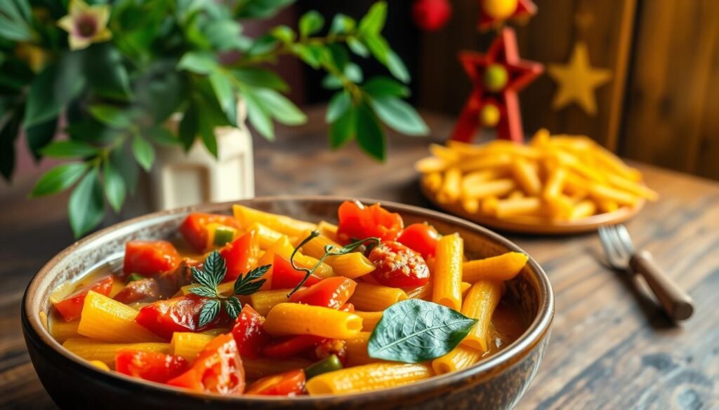 A vibrant, steaming bowl of Rasta-inspired vegan pasta, featuring a medley of Caribbean flavors. In the foreground, an array of colorful vegetables - juicy tomatoes, sliced bell peppers, and fragrant thyme - simmering in a rich, creamy coconut milk-based sauce. In the middle ground, al dente whole-wheat penne noodles, coated in a vibrant turmeric-infused sauce. The background reveals a rustic wooden table, with a lush tropical plant and a few playful Rasta-inspired decorations, casting a warm, inviting glow under soft, diffused lighting. The overall atmosphere exudes a sense of wholesome, plant-based Caribbean comfort.
