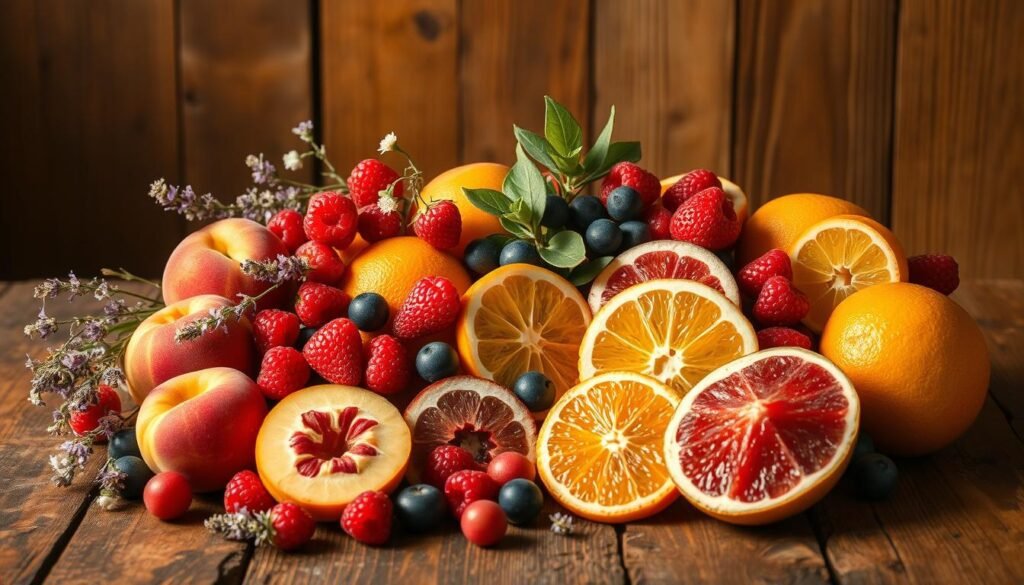A vibrant still life arrangement on a rustic wooden table, showcasing an array of fresh, juicy summer fruits - plump peaches, ripe berries, and vibrant citrus slices. Delicate floral accents, such as sprigs of lavender and baby's breath, add a touch of whimsy. Warm, golden lighting casts a soft, inviting glow, highlighting the natural textures and vibrant colors of the fruits. The composition is balanced, with the fruits positioned in a visually appealing arrangement, inviting the viewer to imagine the delicious desserts that could be crafted from these bountiful ingredients. An airy, summery atmosphere permeates the scene, evoking the warmth and abundance of the season. A vibrant still life arrangement on a rustic wooden table, showcasing an array of fresh, juicy summer fruits - plump peaches, ripe berries, and vibrant citrus slices. Delicate floral accents, such as sprigs of lavender and baby's breath, add a touch of whimsy. Warm, golden lighting casts a soft, inviting glow, highlighting the natural textures and vibrant colors of the fruits. The composition is balanced, with the fruits positioned in a visually appealing arrangement, inviting the viewer to imagine the delicious desserts that could be crafted from these bountiful ingredients. An airy, summery atmosphere permeates the scene, evoking the warmth and abundance of the season.