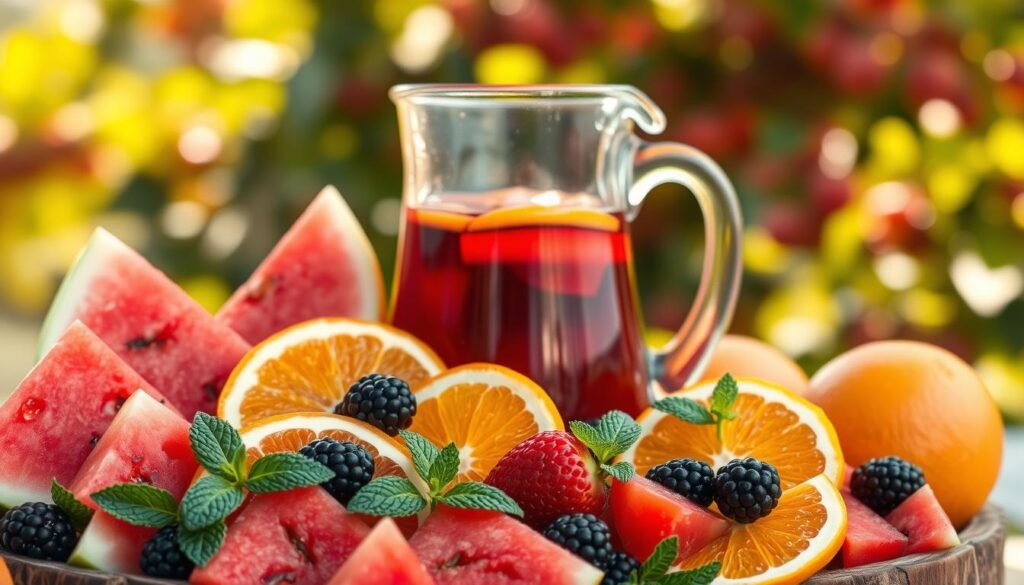 A vibrant still life captured in natural light, showcasing an array of seasonal fruits artfully arranged in a rustic pitcher. The foreground features a luscious mix of juicy watermelon wedges, fragrant orange slices, and plump blackberries, complemented by sprigs of fresh mint. In the middle ground, a glass pitcher overflows with a vibrant, ruby-red sangria, its surface gently rippling. The background evokes a warm, summery atmosphere, with a blurred, sun-dappled backdrop hinting at a lush garden or orchard setting. The lighting is soft and diffused, casting a golden glow that enhances the natural colors and textures of the ingredients. The overall composition is balanced and visually appealing, inviting the viewer to imagine the refreshing, flavor-packed sip of this seasonal fruit sangria. A vibrant still life captured in natural light, showcasing an array of seasonal fruits artfully arranged in a rustic pitcher. The foreground features a luscious mix of juicy watermelon wedges, fragrant orange slices, and plump blackberries, complemented by sprigs of fresh mint. In the middle ground, a glass pitcher overflows with a vibrant, ruby-red sangria, its surface gently rippling. The background evokes a warm, summery atmosphere, with a blurred, sun-dappled backdrop hinting at a lush garden or orchard setting. The lighting is soft and diffused, casting a golden glow that enhances the natural colors and textures of the ingredients. The overall composition is balanced and visually appealing, inviting the viewer to imagine the refreshing, flavor-packed sip of this seasonal fruit sangria.